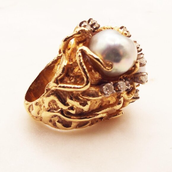 OCEAN 14K GOLD 32 GR., W/ 2 -12 MM GREY MOBE PEARLS & .34 TW DIAMONDS SZ. 4 RING - Picture 4 of 10